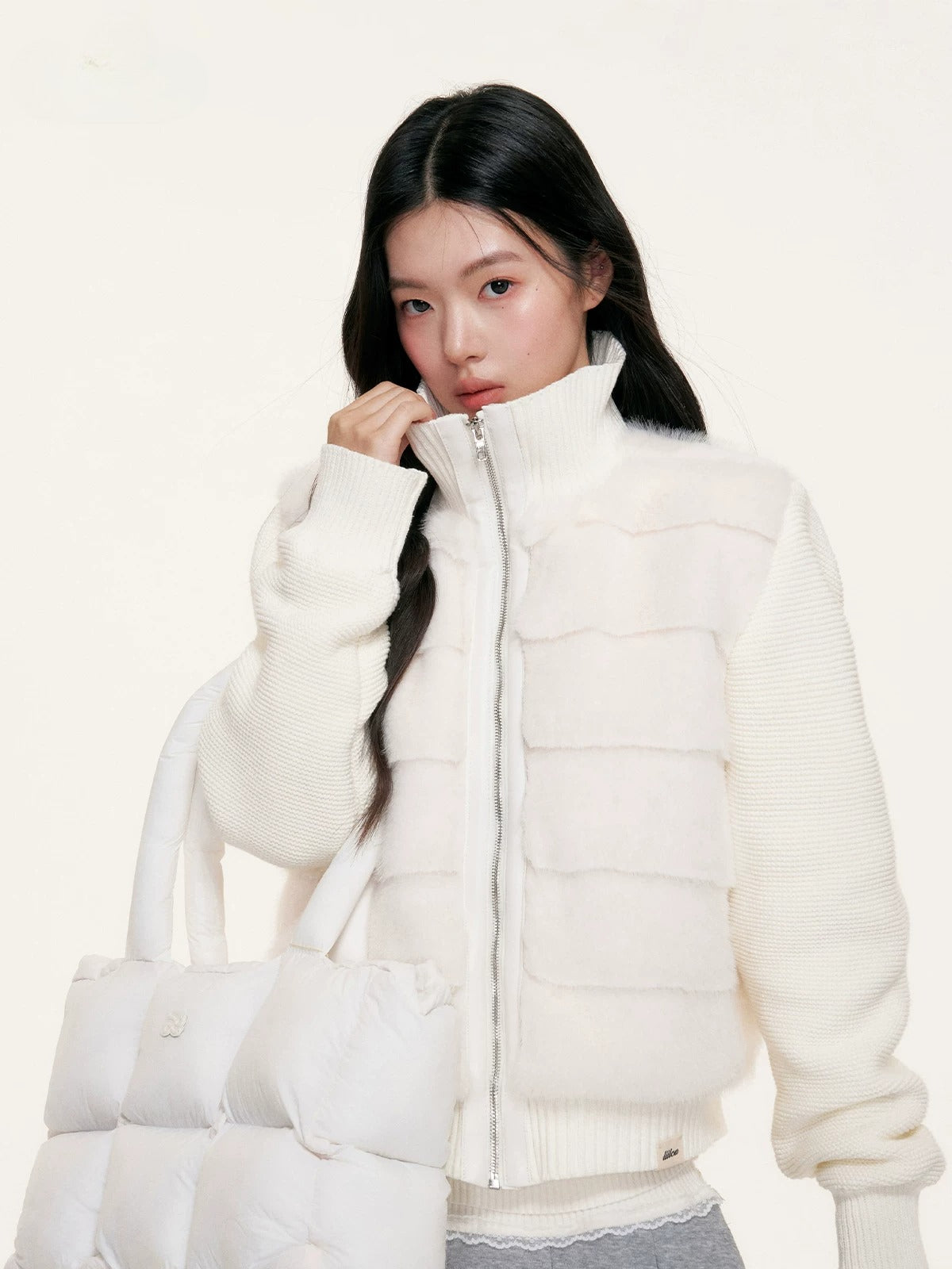 Faux Fur Knit Sleeve Down Jacket