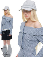Asymmetric Plaid Off-Shoulder Shirt