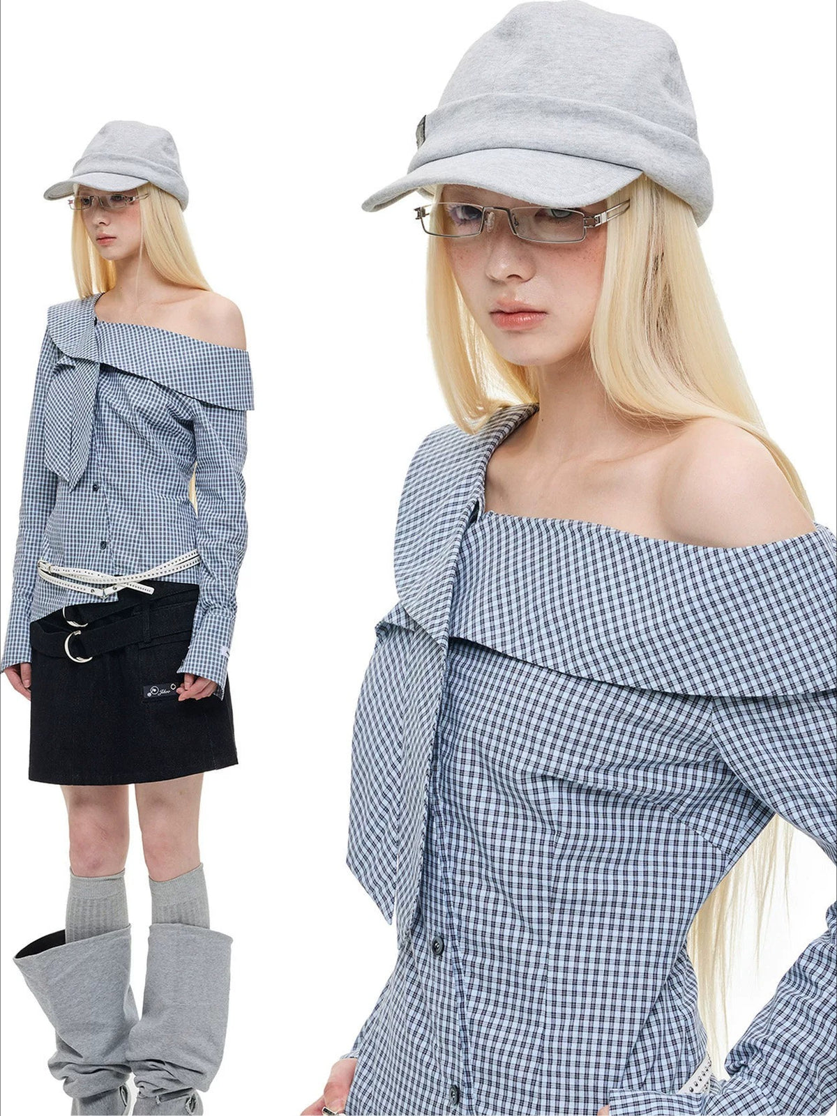 Asymmetric Plaid Off-Shoulder Shirt