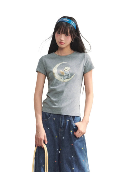 Grey Printed Slim-Fit Knit T-Shirt