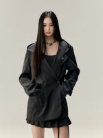 Hooded Waist Cinching Double-Breasted Blazer