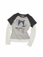 Cat Print Layered Raglan Top
