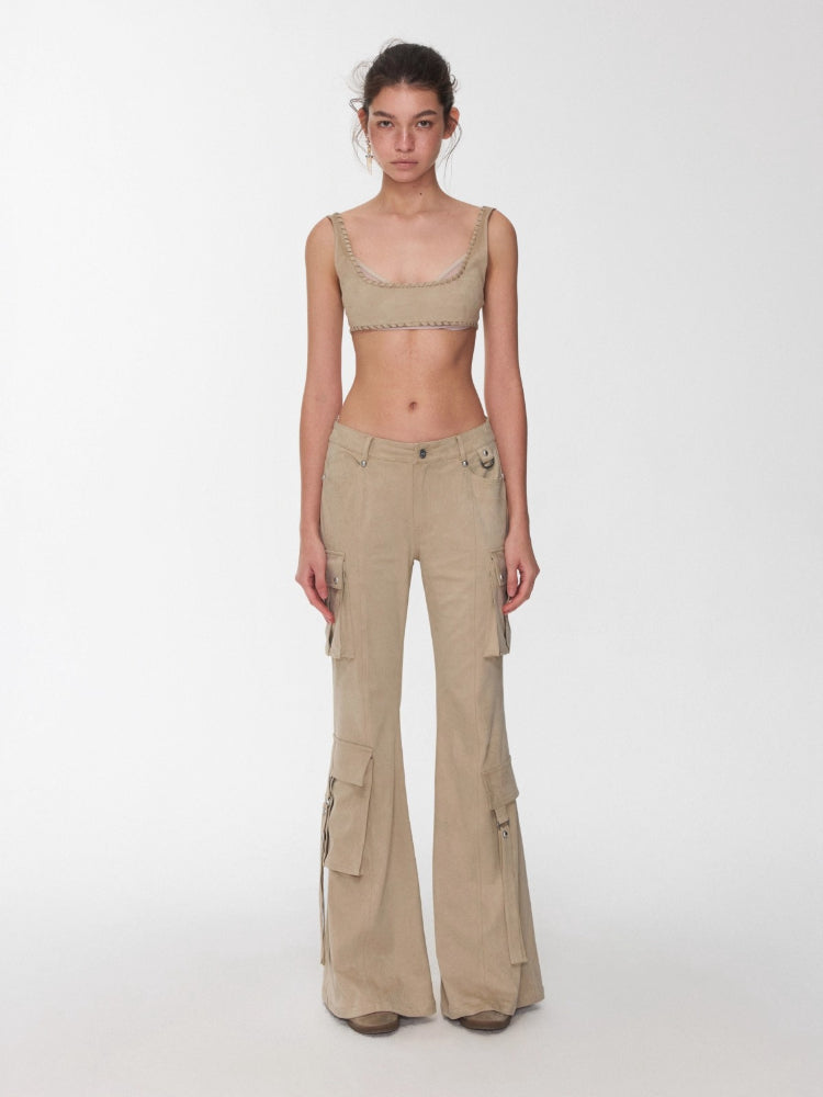 Suede Studded Cargo Flare Pants
