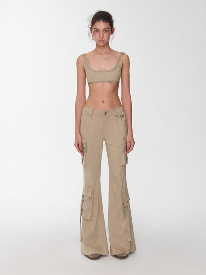 Suede Studded Cargo Flare Pants