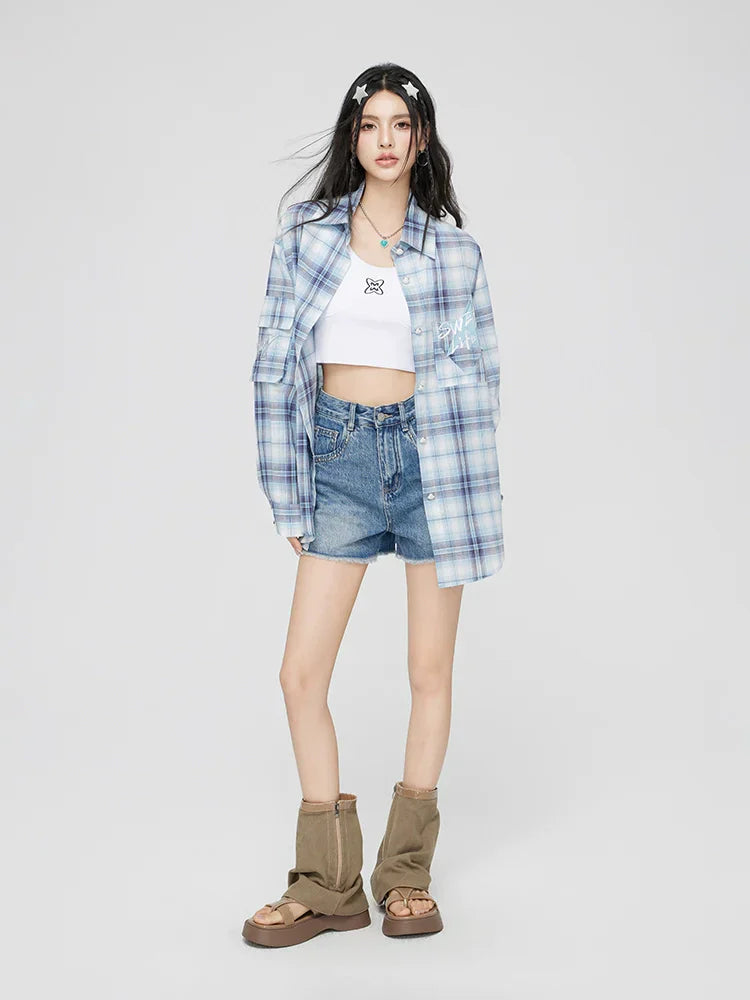 Blue Plaid Embroidered Sunscreen Shirt