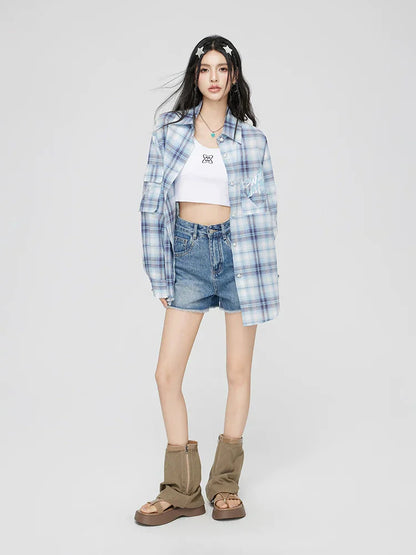 Blue Plaid Embroidered Sunscreen Shirt