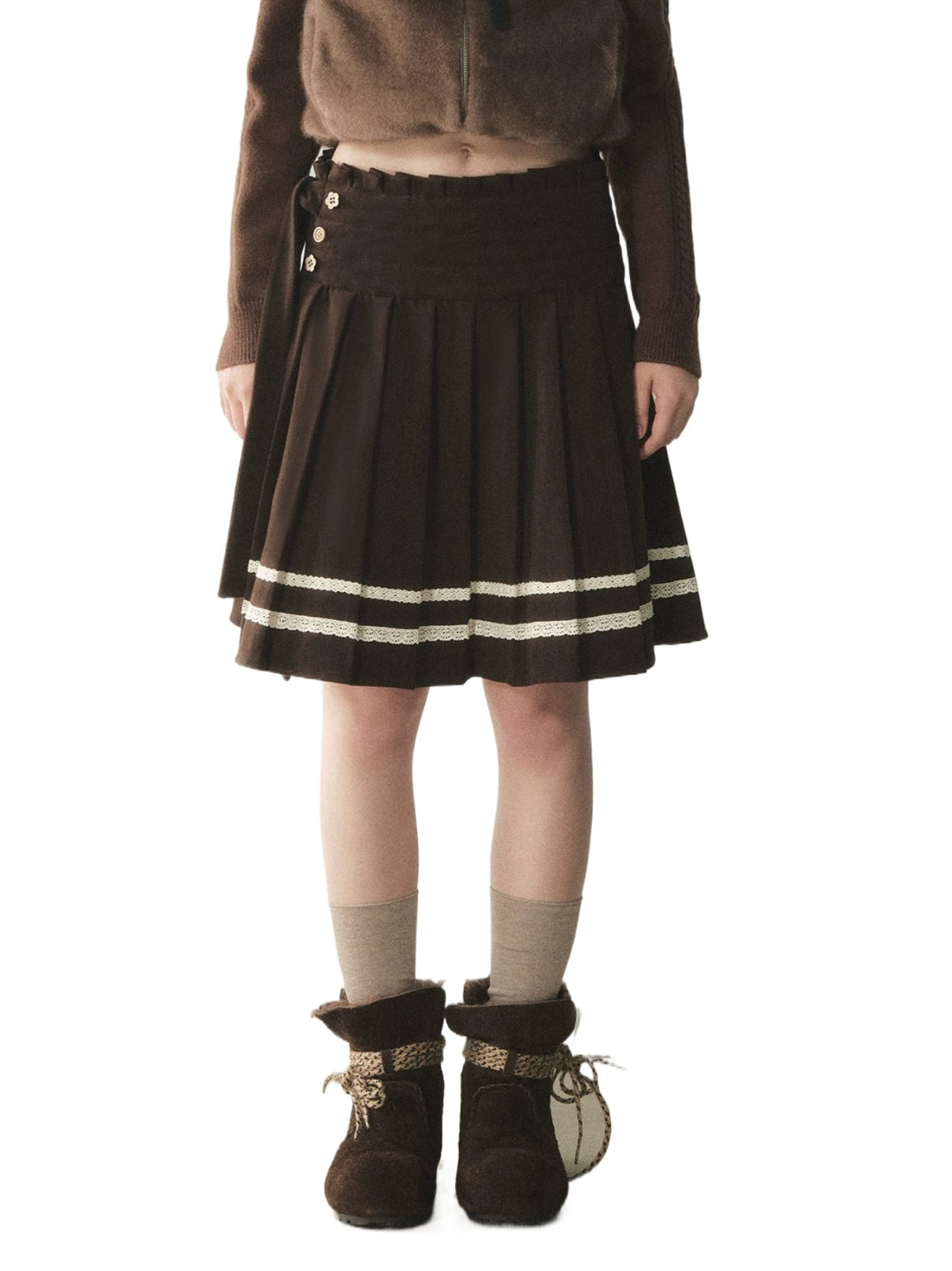 Vintage Lace Trim Corduroy Pleated Skirt