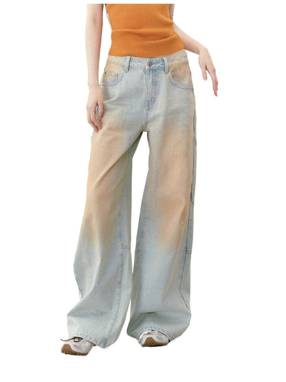 Washed and Distressed Color Block Denim Pants