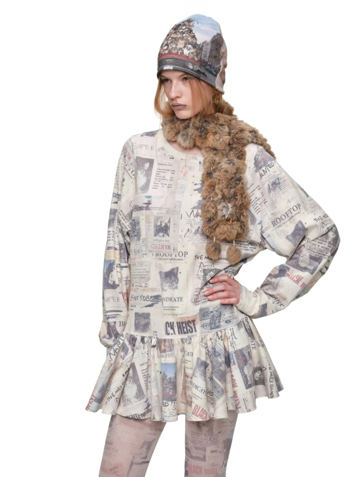 Cat Newspaper Ruffle Waffle Dress