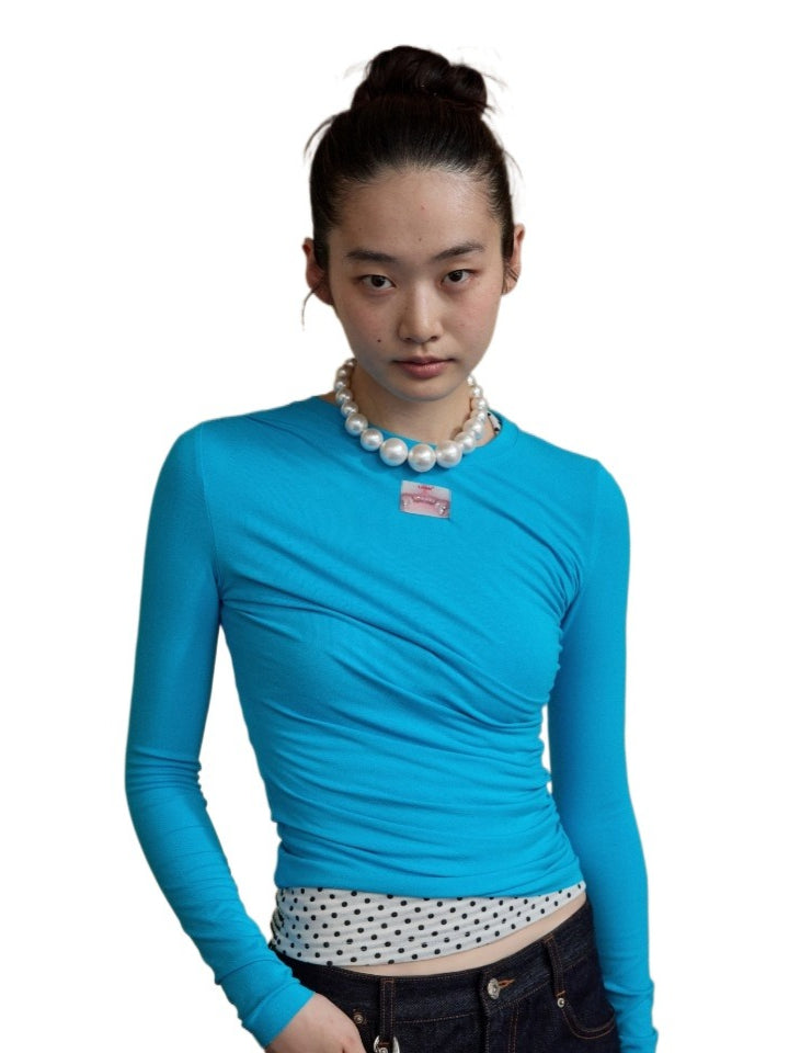 Ruched Crewneck Long-Sleeve Blouse