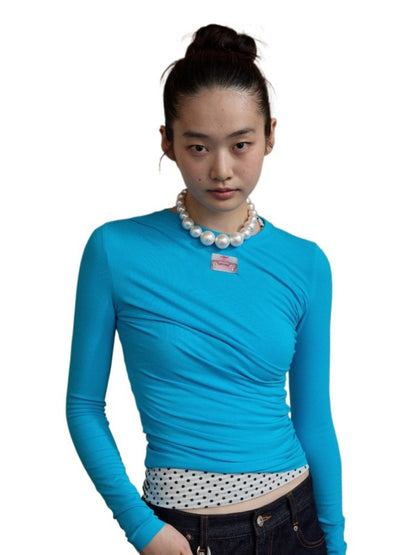 Ruched Crewneck Long-Sleeve Blouse