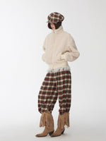 Vintage Red Plaid Brushed Cotton Wide-Leg Pants