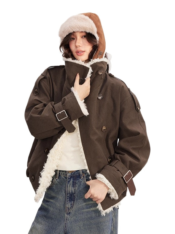 Sheepskin Splicing Quilted Boxy Short Jacket