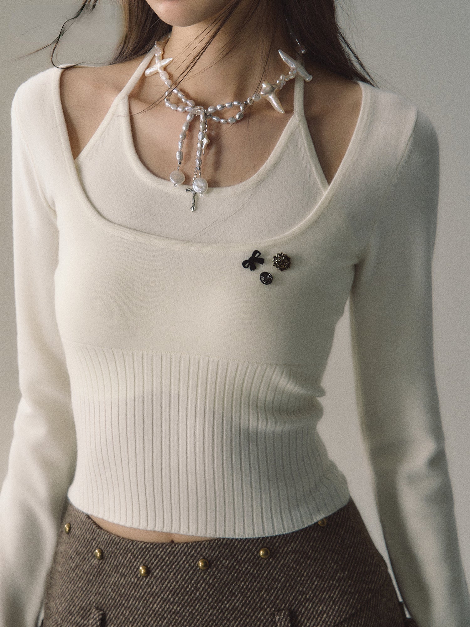 Green &amp; Apricot Halter 2-in-1 Knitted Short Sweater