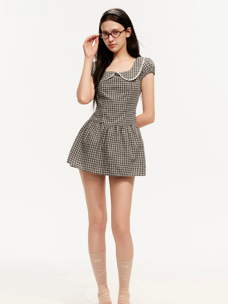 Plaid Pan Collar Puff-Sleeve Dress