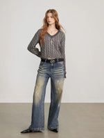 Distressed Cable Knit V Neck Sweater
