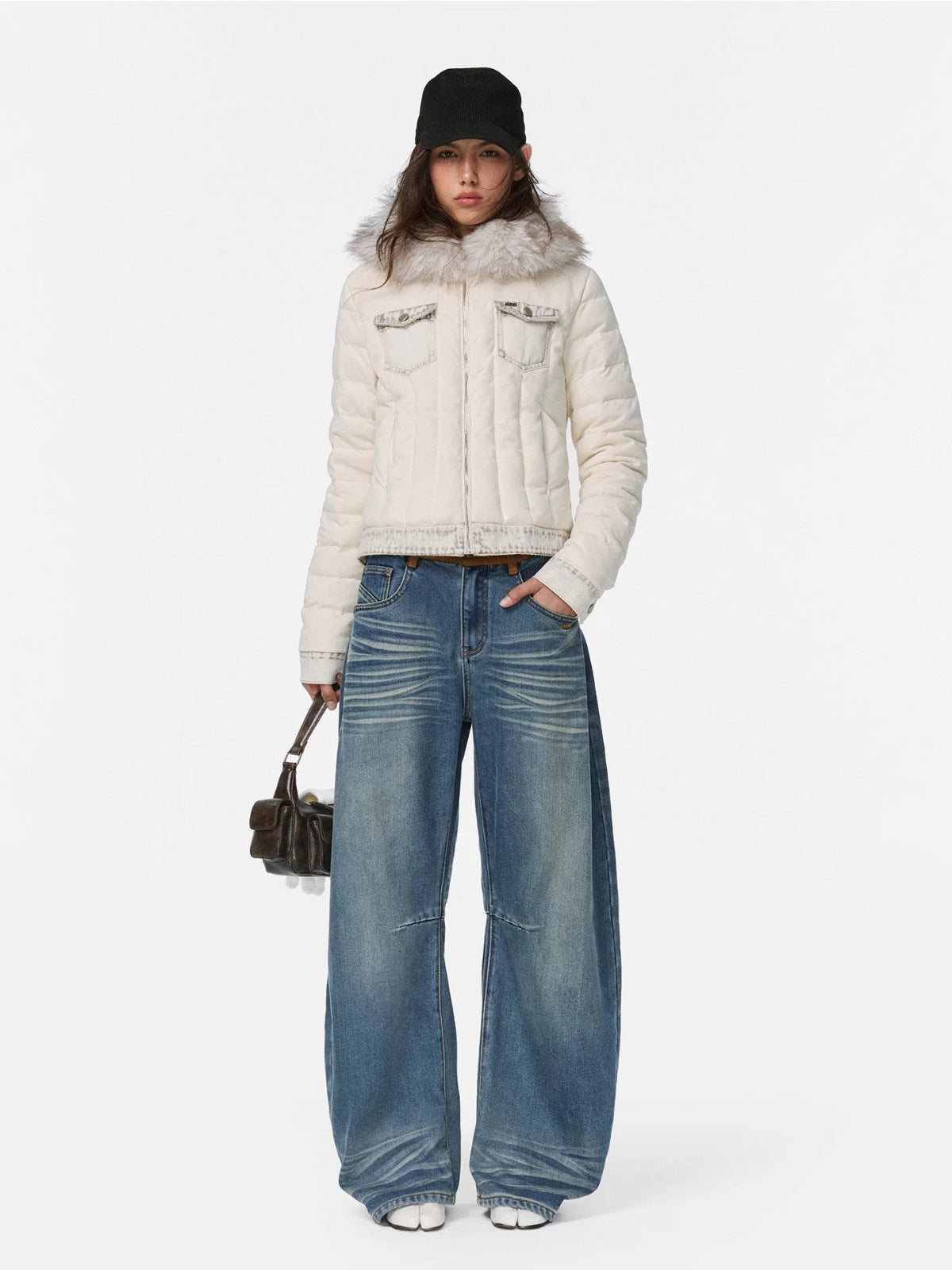 Denim Trim Fur-Collar Down Jacket