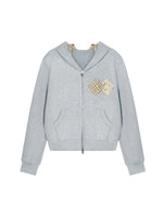 Gray Embroidered Zipper Hoodie& Checkered Pants Set