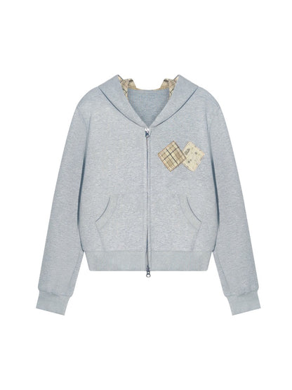 Gray Embroidered Zipper Hoodie&amp; Checkered Pants Set
