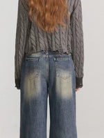 Distressed Cable Knit V Neck Sweater