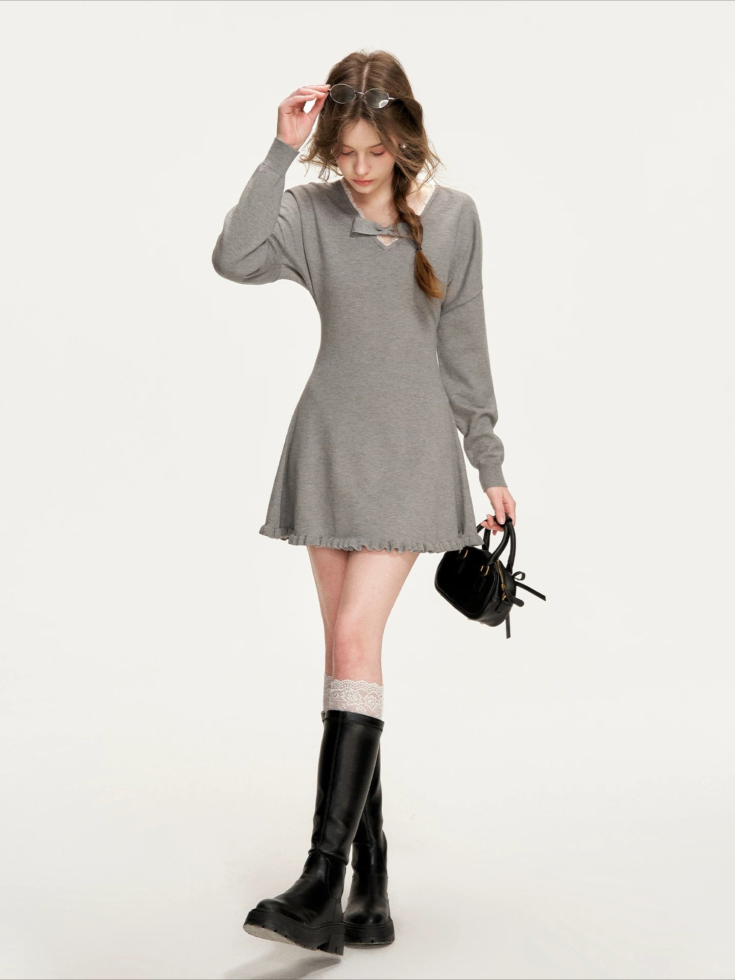 Gray Bowknot Knit Mini Dress