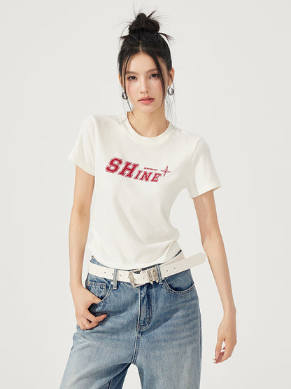 Letter Embroidered High-Elasticity T-Shirt