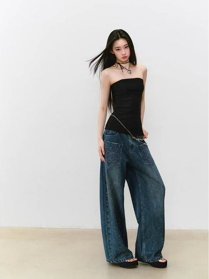 3D Rhinestone Wide-leg Denim Pants