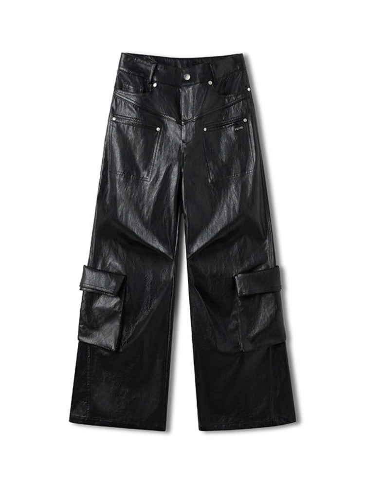 Punk-Style Eco Textured Faux Leather Wide-Leg Pants