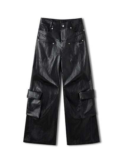 Punk-Style Eco Textured Faux Leather Wide-Leg Pants