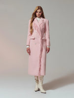 Wool-Blend Hourglass Fringe-Scarf Double-Breasted Long Coat