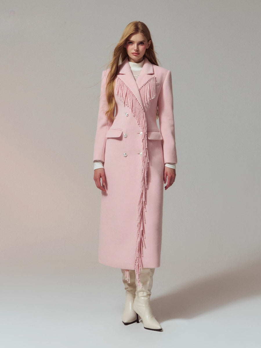 Wool-Blend Hourglass Fringe-Scarf Double-Breasted Long Coat