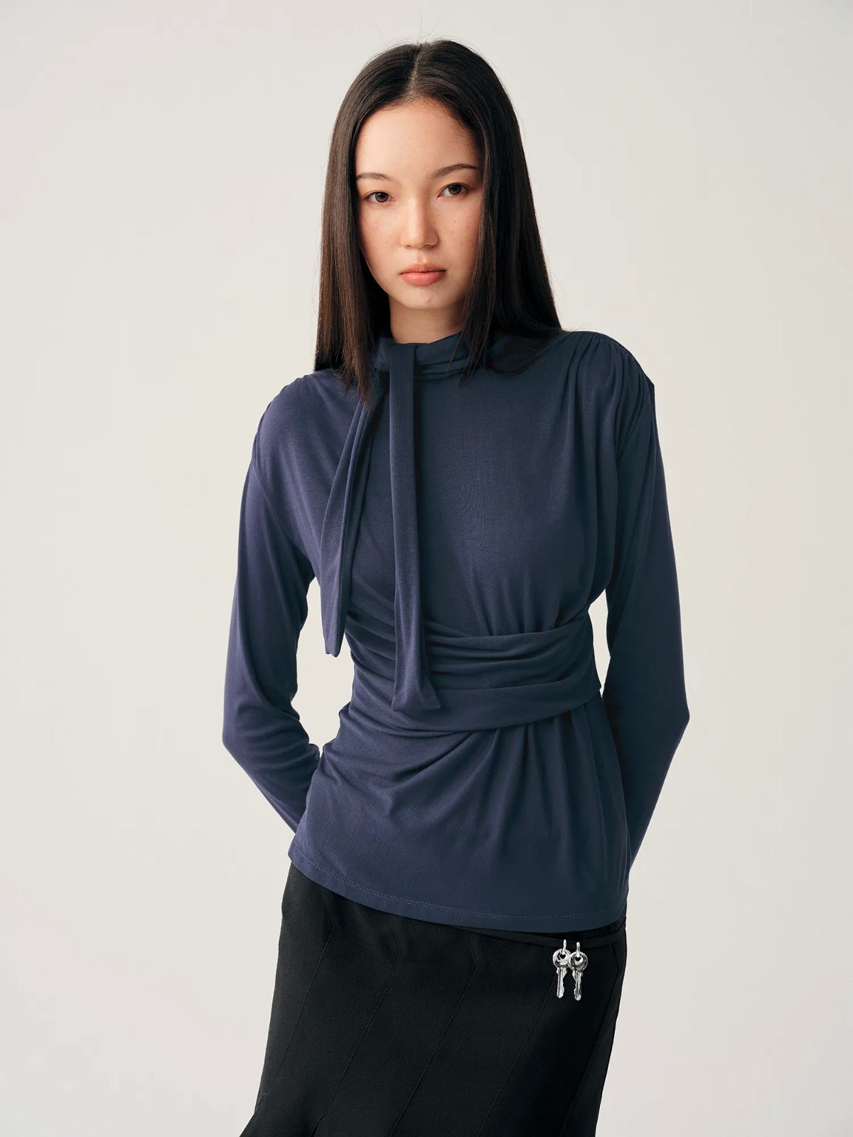 Navy Lace Up Waist Top