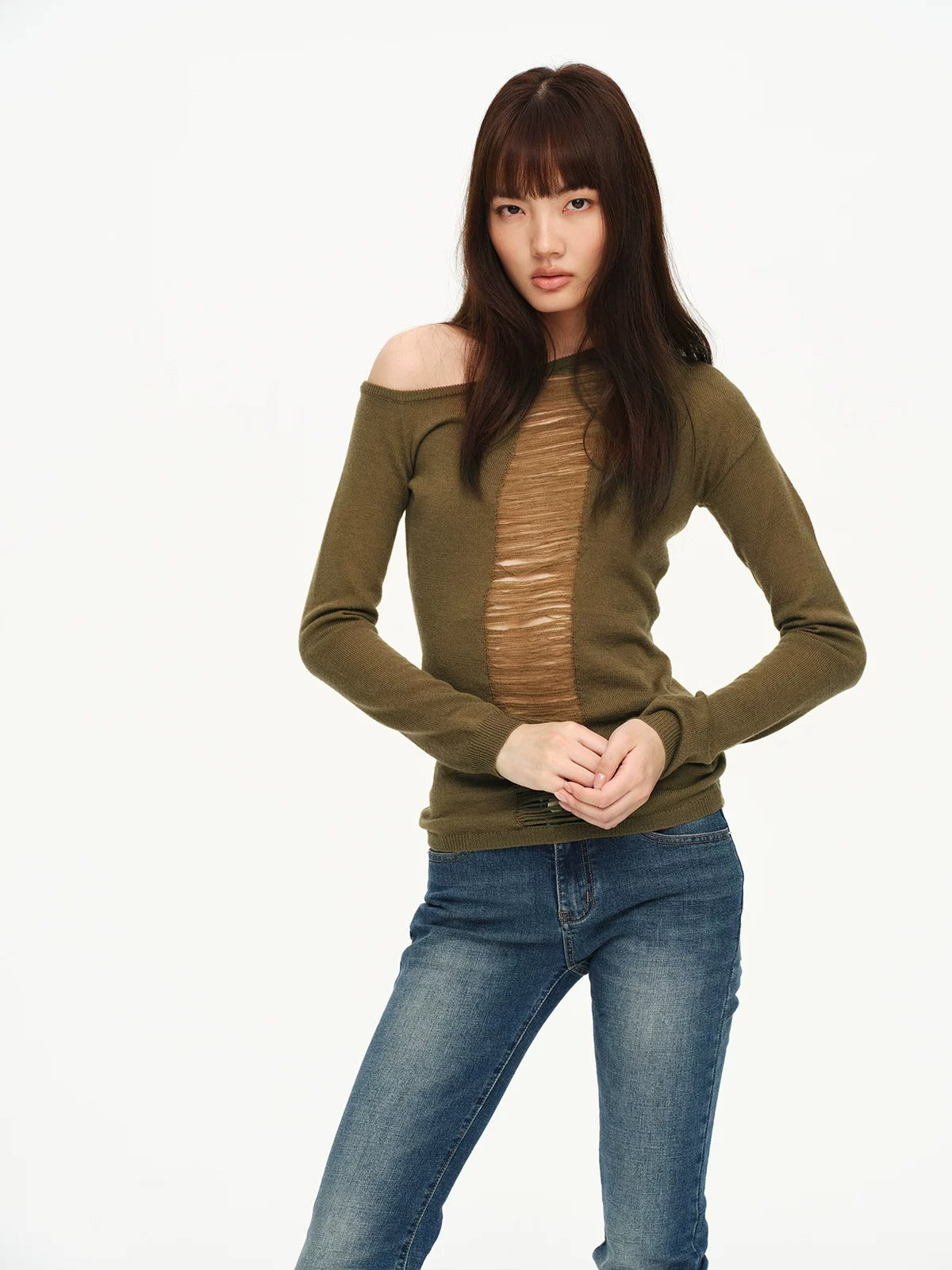 Two-Tone Openwork Merino Wool Sweater