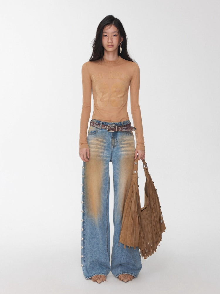 Flocked Mesh Sporty Turtleneck Top