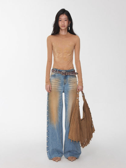 Flocked Mesh Sporty Turtleneck Top