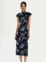 Black Floral Velvet Split Qipao Dress