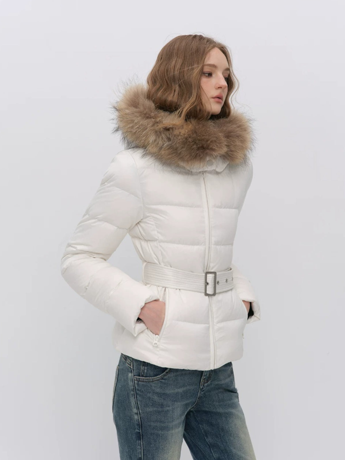 Fur Collar Belted Down Jacket