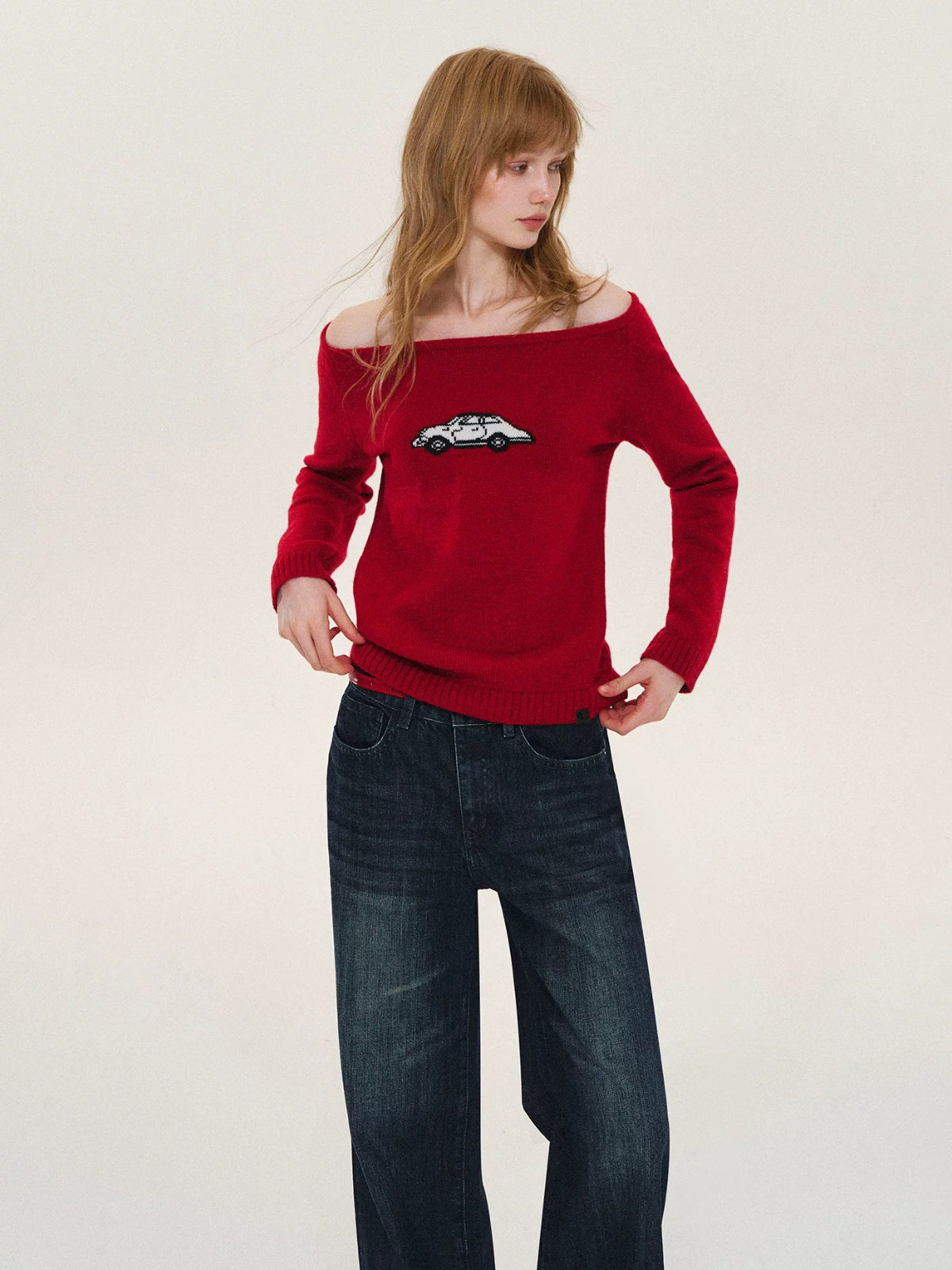 Car Motif Off Shoulder Sweater