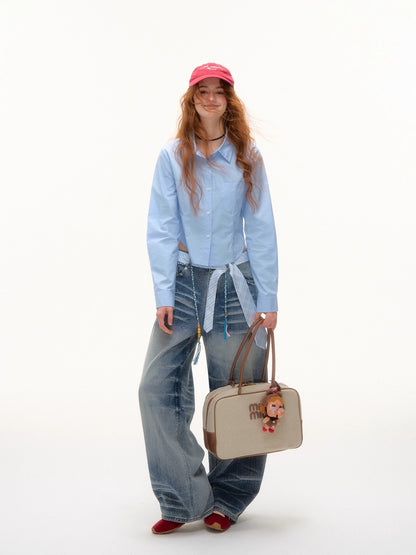Blue Beaded Washed Denim Pants
