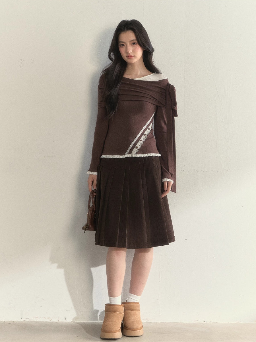 “Ribbon Shoulder” Off-Shoulder Knit Top