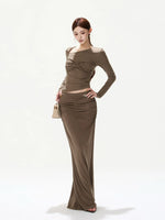 Retro Knit Off-Shoulder Top & Ruched Skirt Set