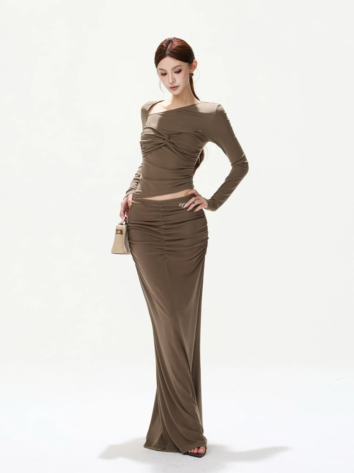 Retro Knit Off-Shoulder Top &amp; Ruched Skirt Set