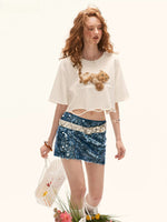 Cat Print Distressed Cropped T-Shirt