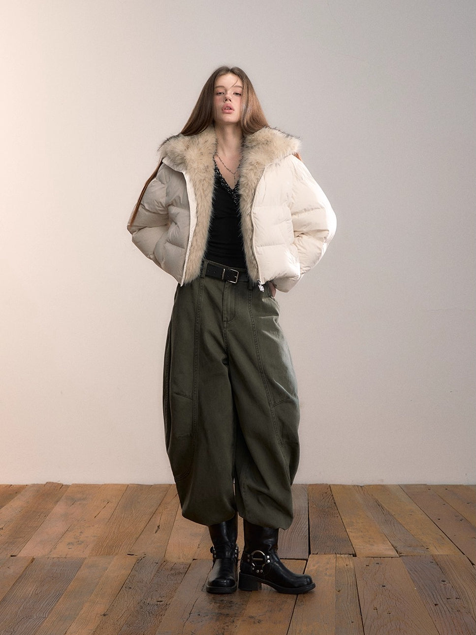 Colorblock Detachable Fur Down Jacket