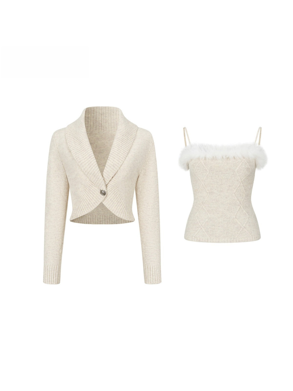 Fur Trimmed Camisole &amp; Cardigan Set