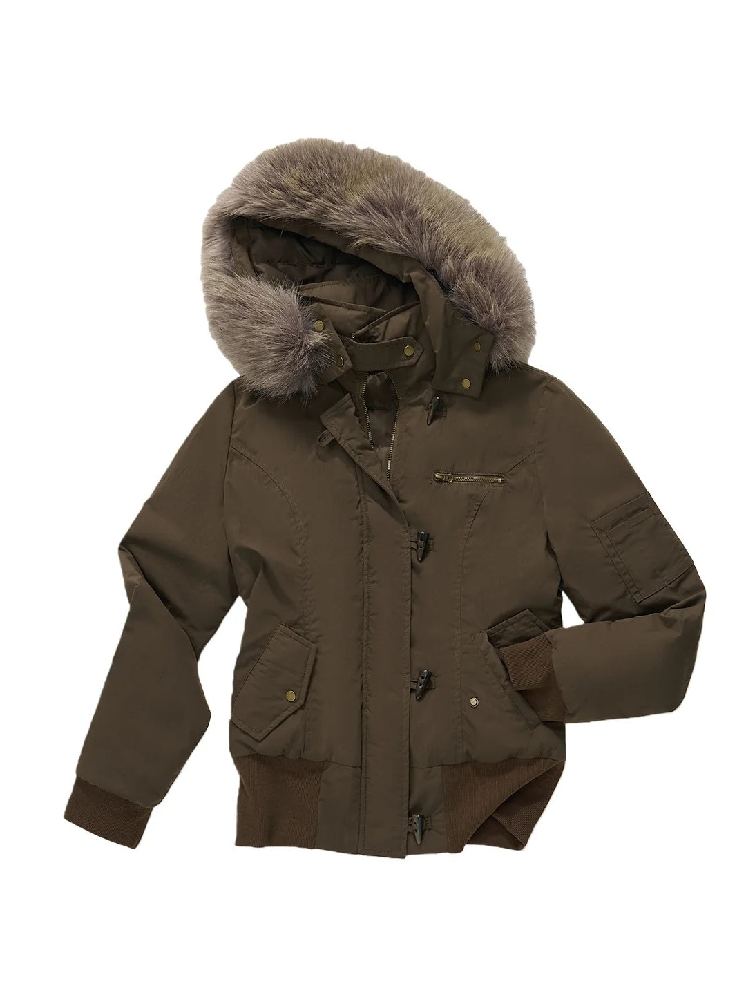 Brown Faux Fur Hooded Toggle Coat