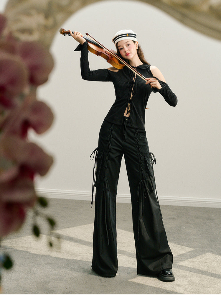 Black &amp; Ivory White Tie-Waist Wide-Leg Pants