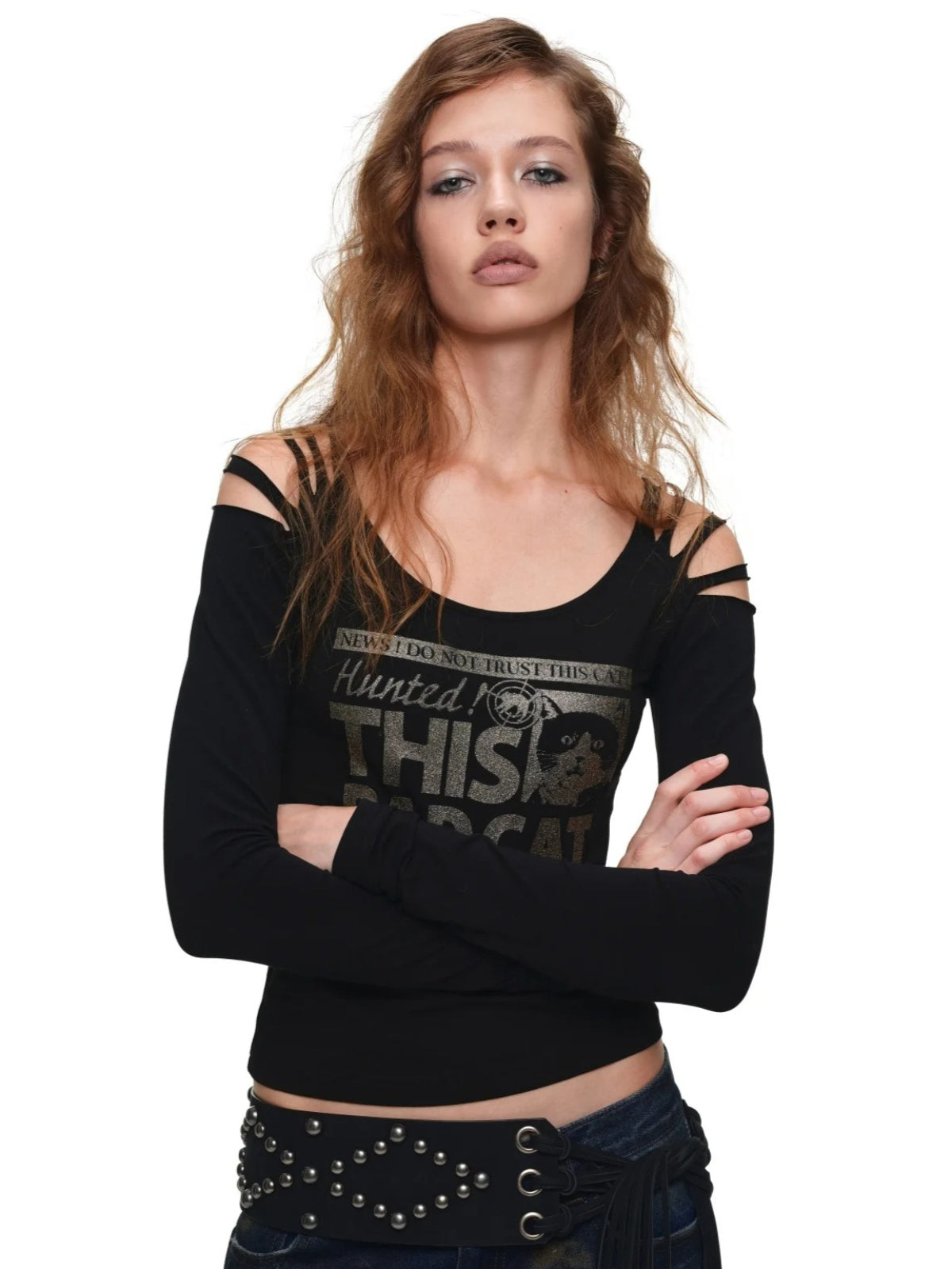 Cat Foil Print Cutout Top
