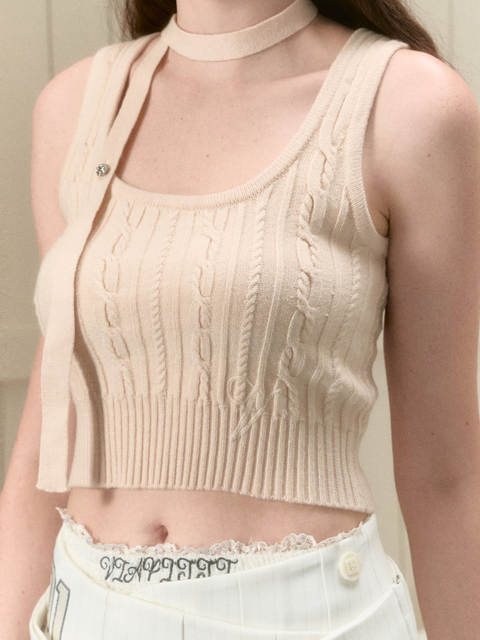 Black &amp; Beige Ribbon Knit Tank Top