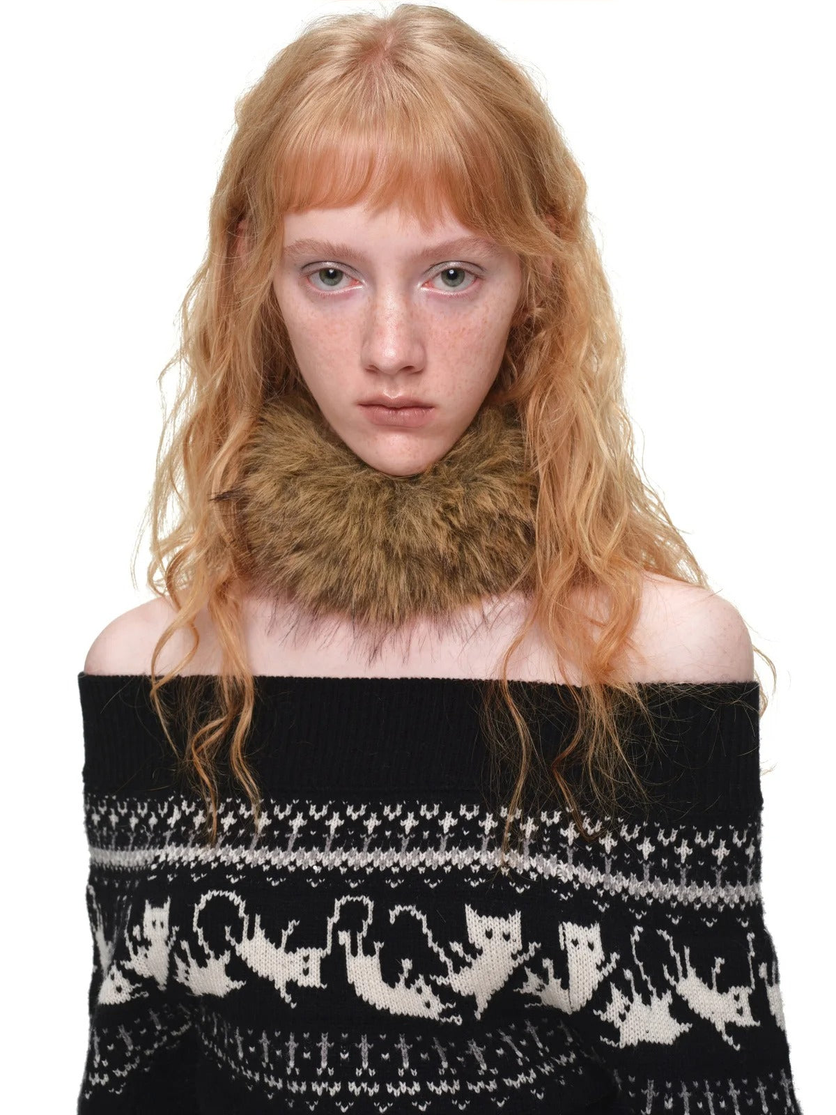 Fair Isle Cat Off-Shoulder Sweater
